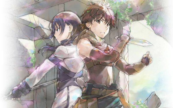 HD desktop wallpaper featuring Mary and Haruhiro from the anime Grimgar of Fantasy and Ash, standing back-to-back with determined expressions.