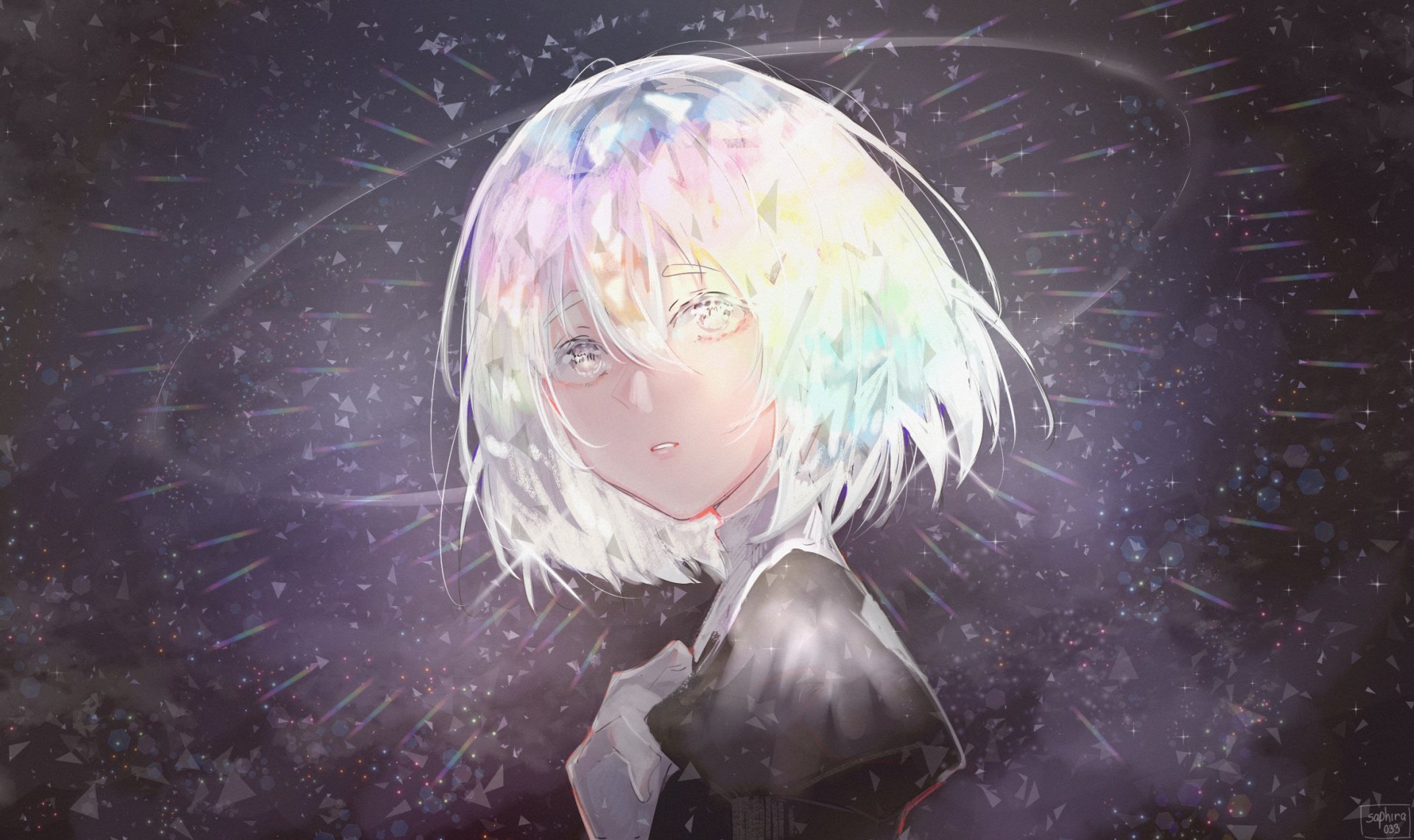 HD desktop wallpaper of Diamond from Land of the Lustrous featuring an anime character with short white hair, white eyes, on a starry, multicolored background.