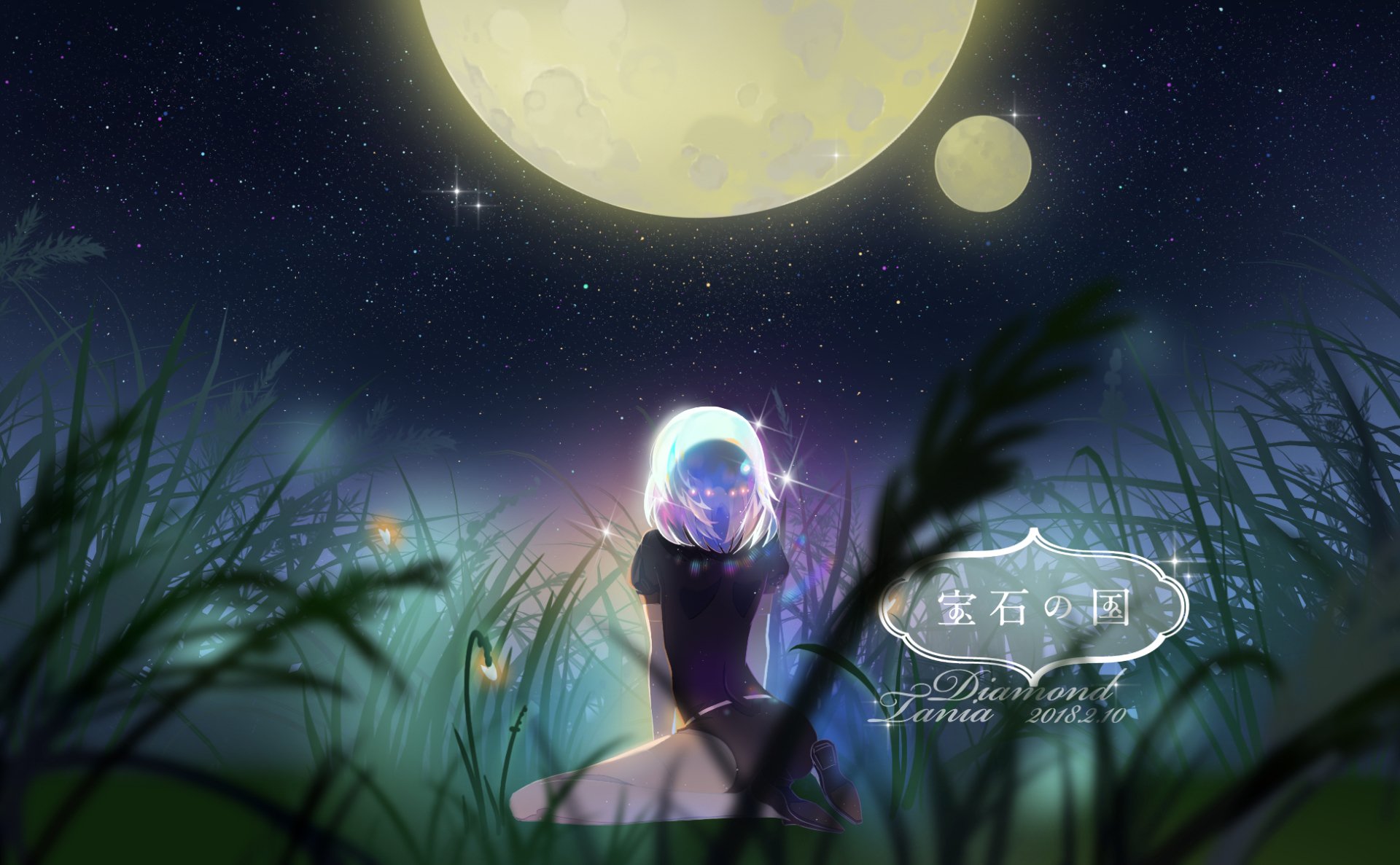 HD anime wallpaper featuring Diamond from Land of the Lustrous, sitting in a glowing field under a large moon and starry night sky.