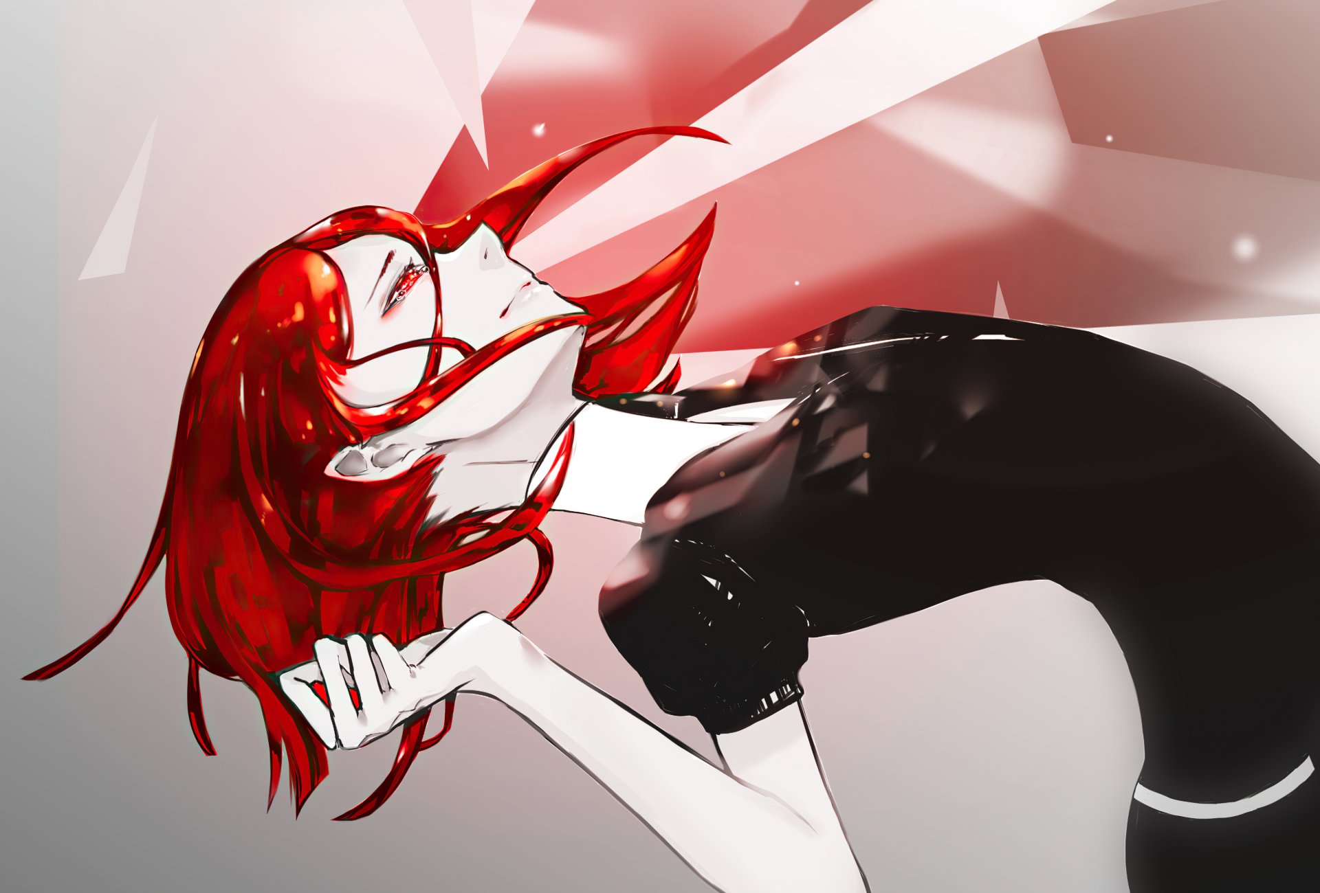 Cinnabar (Land of the Lustrous) reclining with flowing red hair, closed eyes and black outfit amid red geometric shards — anime 2K Quad HD PC wallpaper.