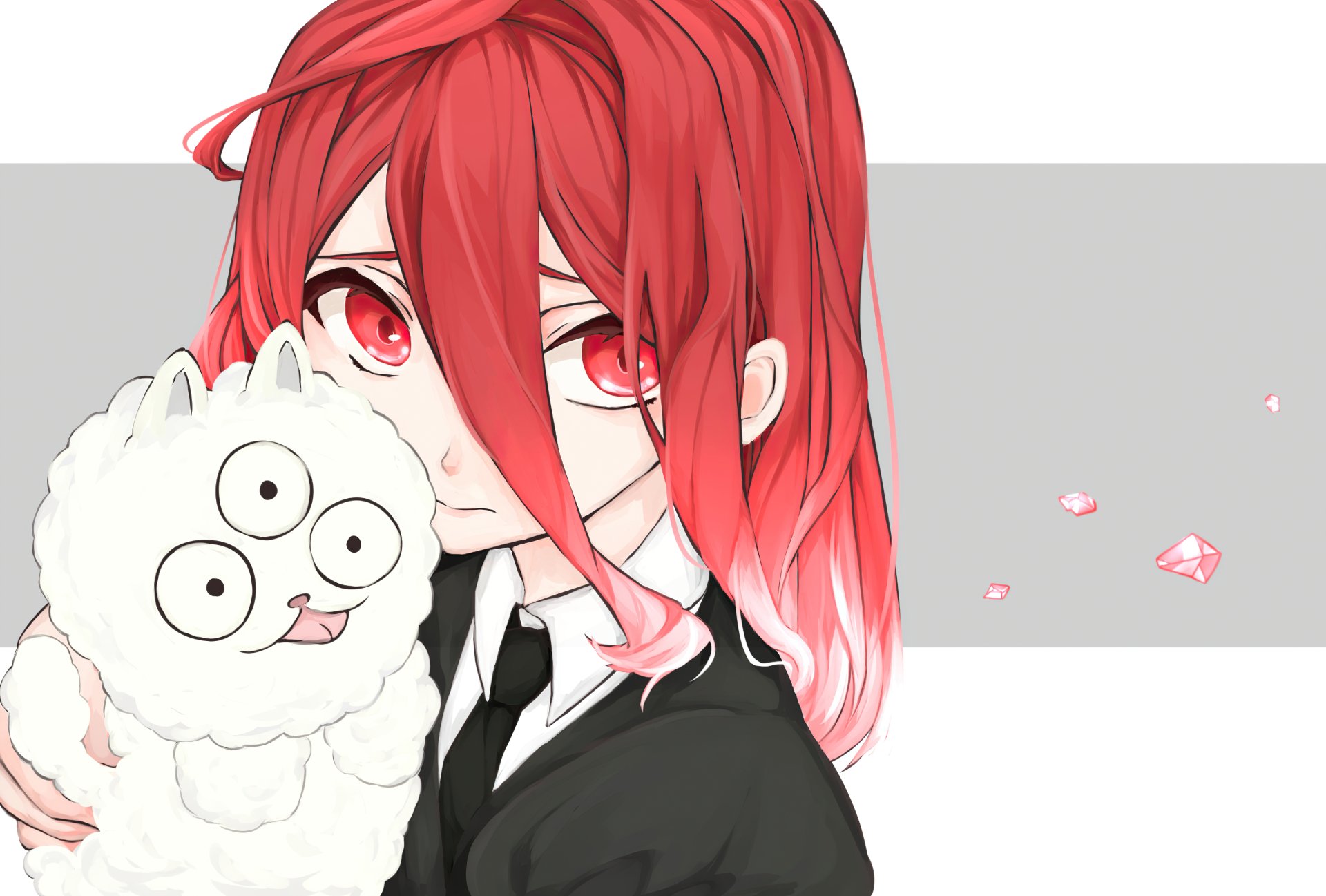 Anime-style HD desktop wallpaper featuring Cinnabar from Land of the Lustrous holding a fluffy white creature with a neutral gray background.