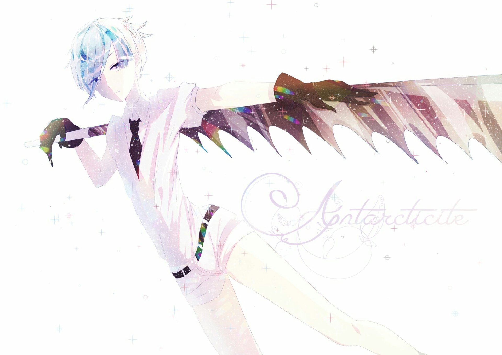 HD PC desktop wallpaper of Antarcticite (Land of the Lustrous), anime: pale-blue-haired gem warrior wielding a crystalline wing-like blade across a sparkling white background.