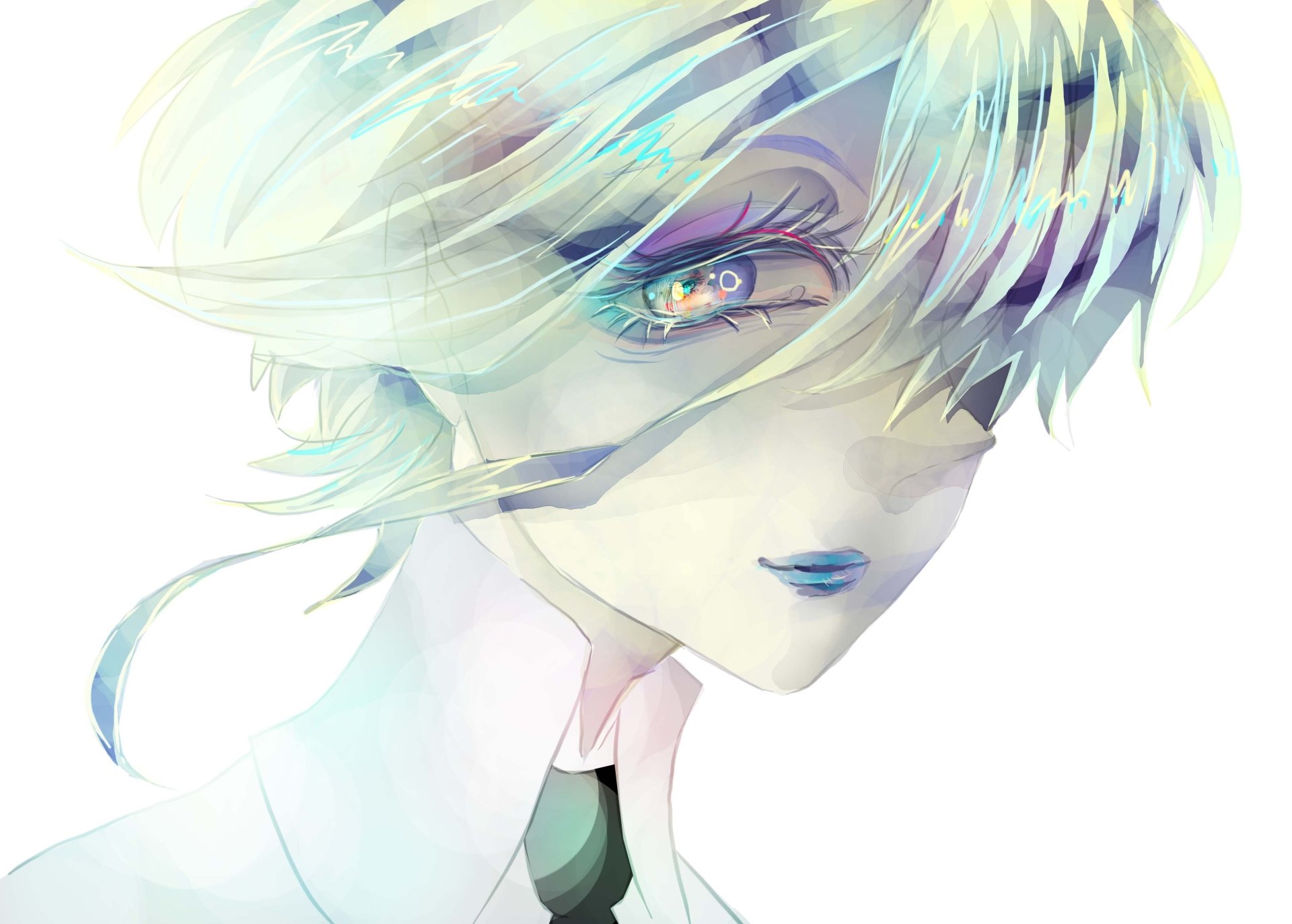 HD PC desktop wallpaper featuring Antarcticite from the anime Land of the Lustrous, showcasing a close-up of the character's ethereal face with shimmering hair and vivid eyes.