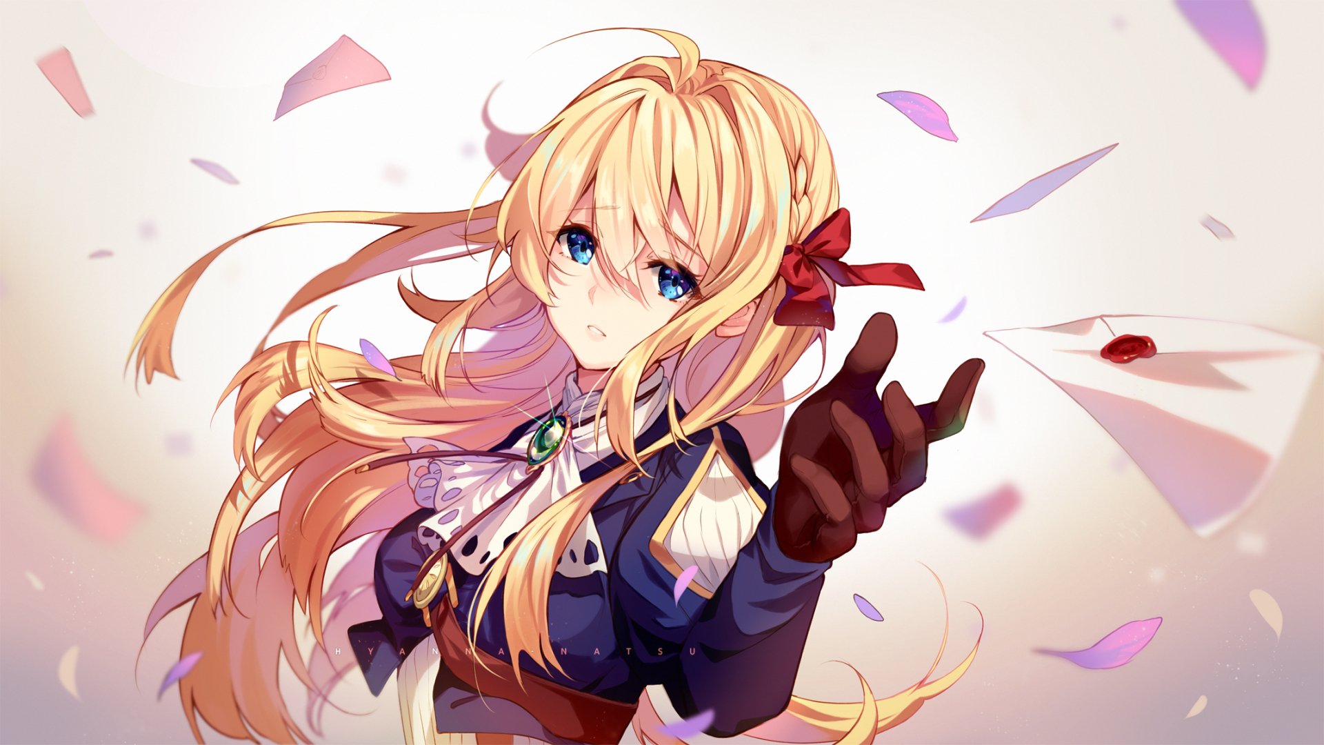 HD anime desktop wallpaper featuring Violet Evergarden with flowing blonde hair and blue eyes, reaching out amid softly falling petals.