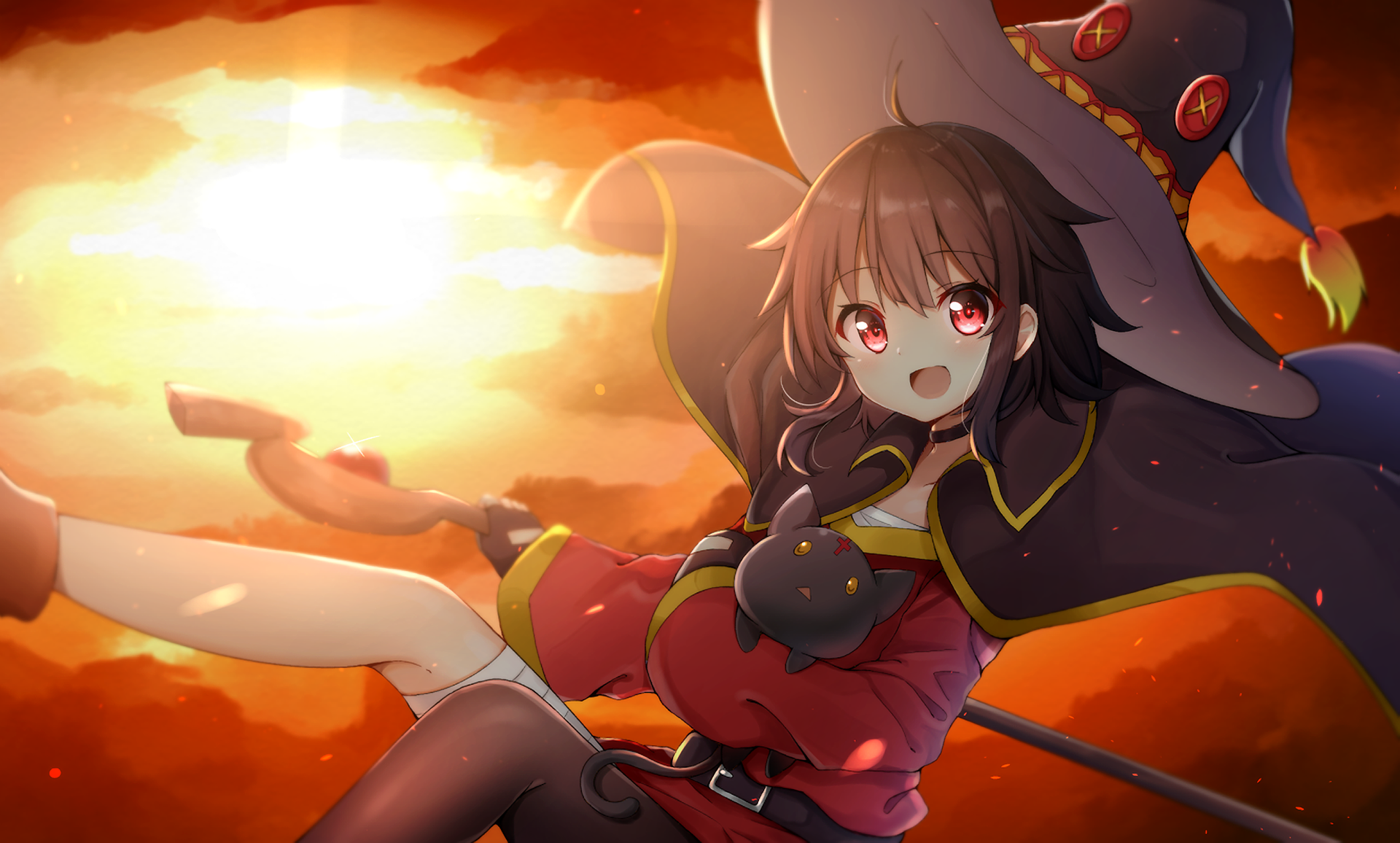 HD wallpaper featuring Megumin from the anime KonoSuba - God's Blessing on This Wonderful World!! against a vibrant, fiery sunset background.