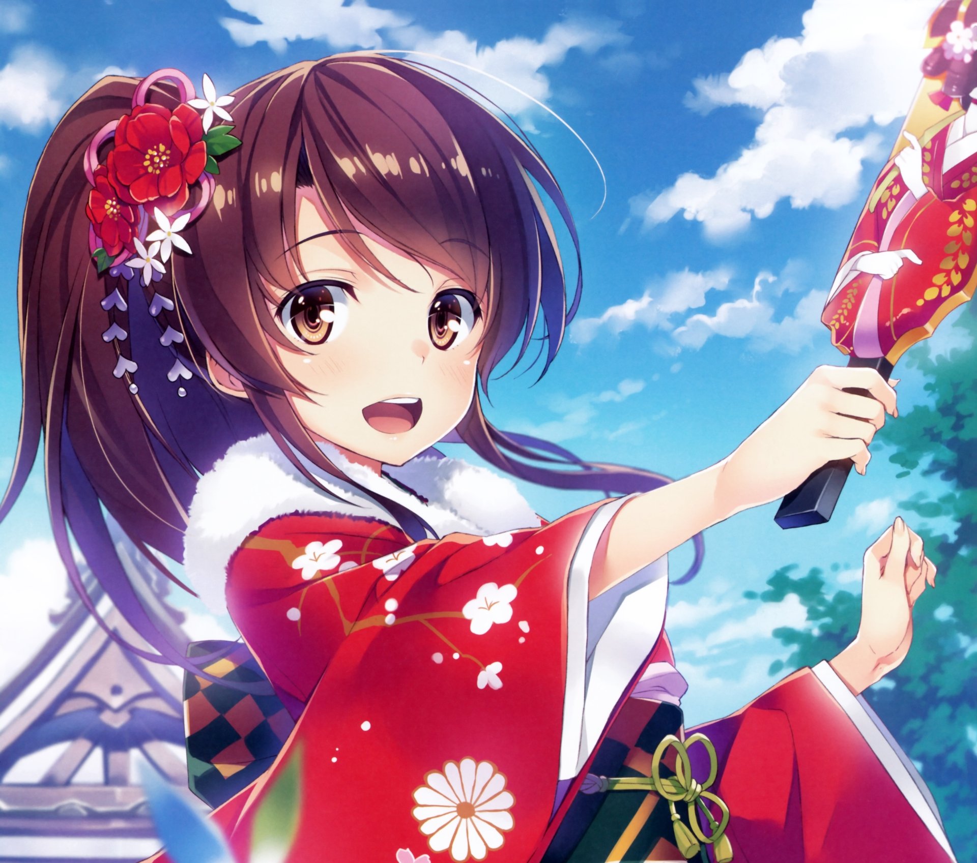 Anime-style illustration of a smiling girl with long brown hair in a ponytail, brown eyes, wearing a red kimono adorned with flowers, holding a traditional fan against a bright blue sky.