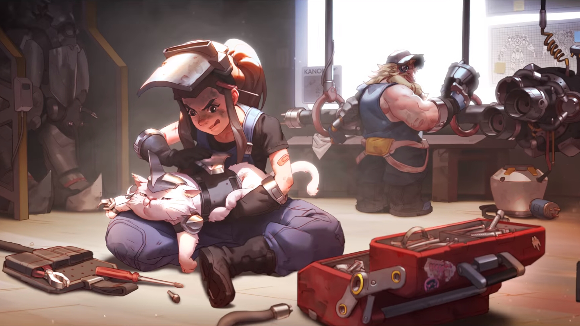 HD desktop wallpaper featuring Reinhardt and Brigitte from Overwatch in a workshop with tools, capturing a moment from the video game.