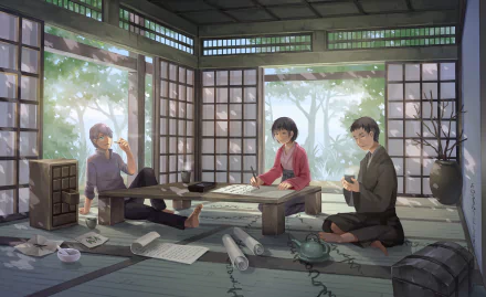 HD anime desktop wallpaper from Mushishi, depicting three characters seated around a low wooden table inside a traditional Japanese room with scrolls and soft natural light.