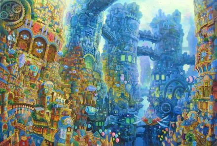 Vibrant anime city by the sea with towering, intricate buildings, bridges and glowing windows; colorful original fantasy-anime artwork — HD PC desktop wallpaper/background.