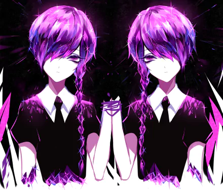 HD anime wallpaper featuring Amethyst from Land of the Lustrous, showcasing vibrant purple tones and a mirrored character design on a dark background.
