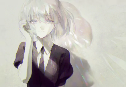 Diamond (Land of the Lustrous) anime 2K Quad HD PC desktop wallpaper: pale, reflective hair, black uniform and tie, hand to face, soft pastel background with prismatic light.