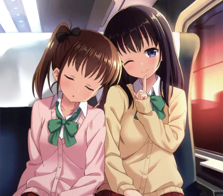 Anime-style HD wallpaper featuring two girls with long hair—one with brown hair and blue eyes, the other with black hair—wearing school uniforms and green bows, winking and smiling.