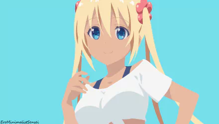 Kaho Hinata from Blend S, blonde twin tails and blue eyes in a white top against a turquoise backdrop — 2K Quad HD anime PC desktop wallpaper/background.