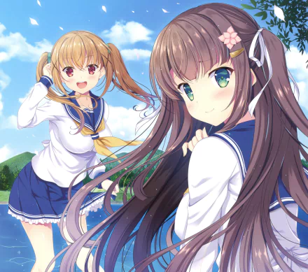 HD anime wallpaper: two original schoolgirls by a lake — long brown hair with green eyes and a flower hairpin, and a blonde twintails girl with brown eyes.