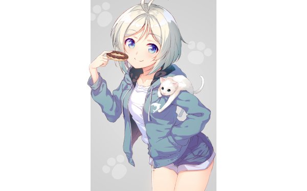 Anime Virtual Youtuber Smile Jacket Shorts Blue Eyes Short Hair Doughnut HD Wallpaper | Background Image
