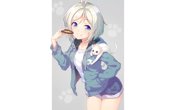 HD desktop wallpaper featuring an Anime-style Virtual Youtuber with short hair and blue eyes, smiling while holding a doughnut. She is wearing a jacket and shorts, creating a cheerful and cute atmosphere.