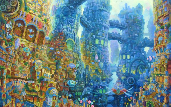 Anime Original City Sea Fantasy HD Wallpaper | Background Image