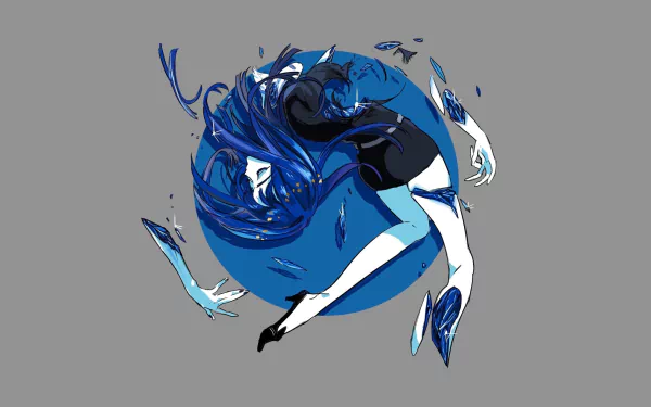 HD PC desktop wallpaper: anime character Lapis Lazuli (Land of the Lustrous) curled into a swirling blue form with floating gem shards against a gray background.