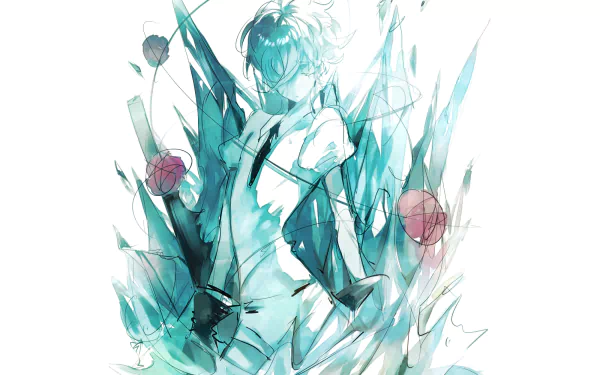 HD desktop wallpaper featuring Antarcticite from the anime Land of the Lustrous, depicted in a dynamic, watercolor-inspired style with icy blue and white tones.