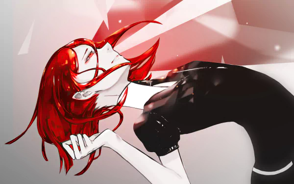Cinnabar (Land of the Lustrous) reclining with flowing red hair, closed eyes and black outfit amid red geometric shards — anime 2K Quad HD PC wallpaper.