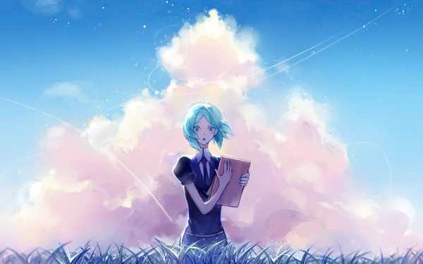 HD desktop wallpaper featuring Phosphophyllite from the anime Land of the Lustrous, set against a vibrant sky with fluffy clouds and soft lighting.