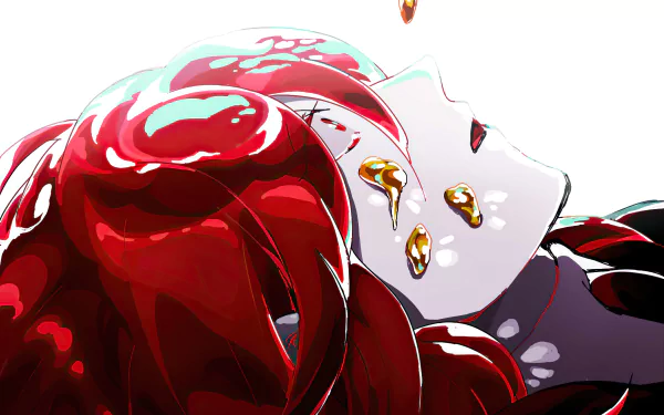 Close-up of Cinnabar (Land of the Lustrous) with glossy red hair and jewel-like tears, stylized anime 2K Quad HD PC desktop wallpaper/background.