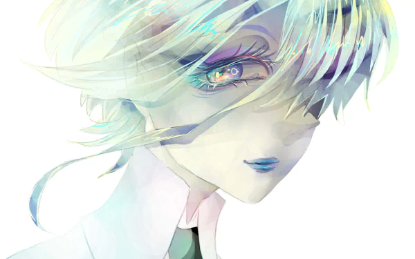 HD PC desktop wallpaper featuring Antarcticite from the anime Land of the Lustrous, showcasing a close-up of the character's ethereal face with shimmering hair and vivid eyes.