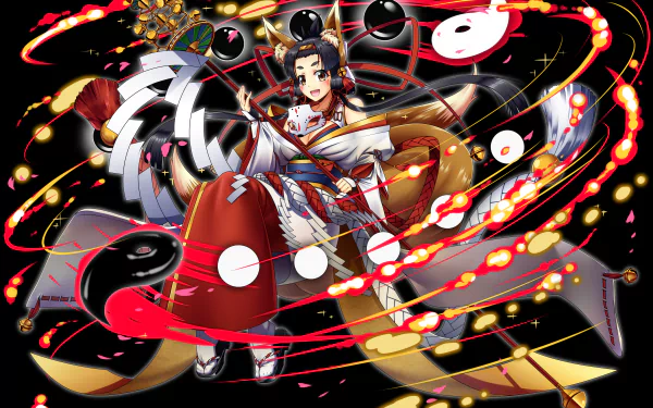 staff bow (Clothing) tail blush brown eyes smile black hair miko outfit mask short hair Anime girl anime girl HD Desktop Wallpaper | Background Image