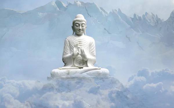 A serene Buddha statue sits among clouds with mountain peaks in the background. This HD desktop wallpaper evokes a sense of peace and spirituality, rich in Buddhist symbolism.