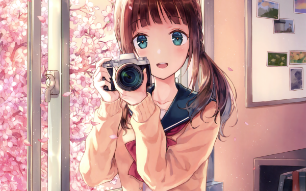 Anime Original Smile Camera Twintails Blush Brown Hair Cherry Blossom Green Eyes HD Wallpaper | Background Image