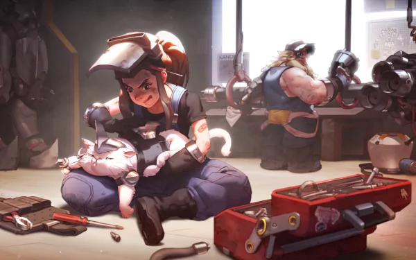 HD desktop wallpaper featuring Reinhardt and Brigitte from Overwatch in a workshop with tools, capturing a moment from the video game.