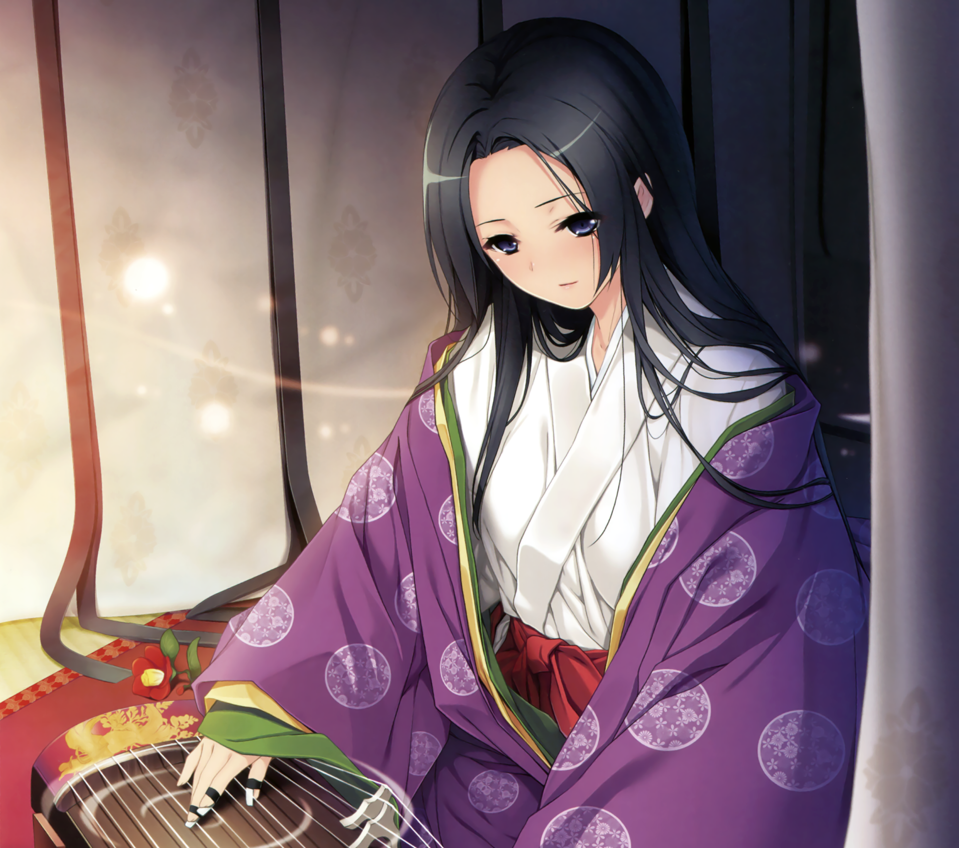 Download Blush Flower Miko Outfit Blue Eyes Black Hair Long Hair Anime Original HD Wallpaper by Ichikawa Noa