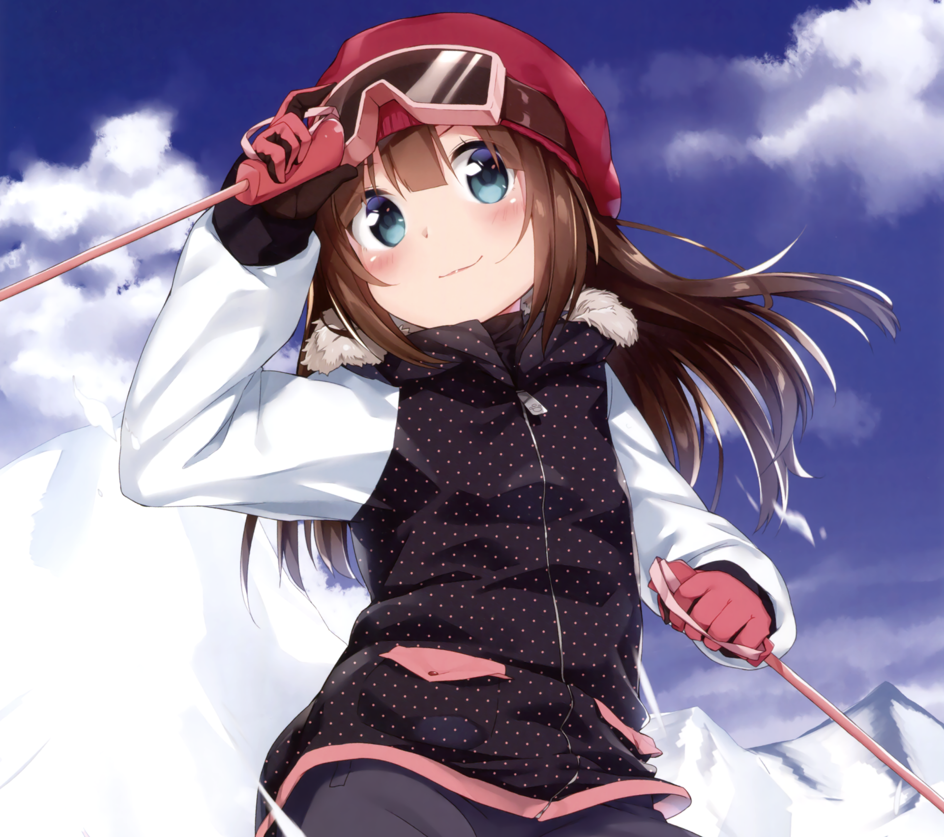 Download Ski Blush Brown Hair Long Hair Blue Eyes Smile Glove Goggles Hat Anime Original HD Wallpaper by Tousaki Shiina