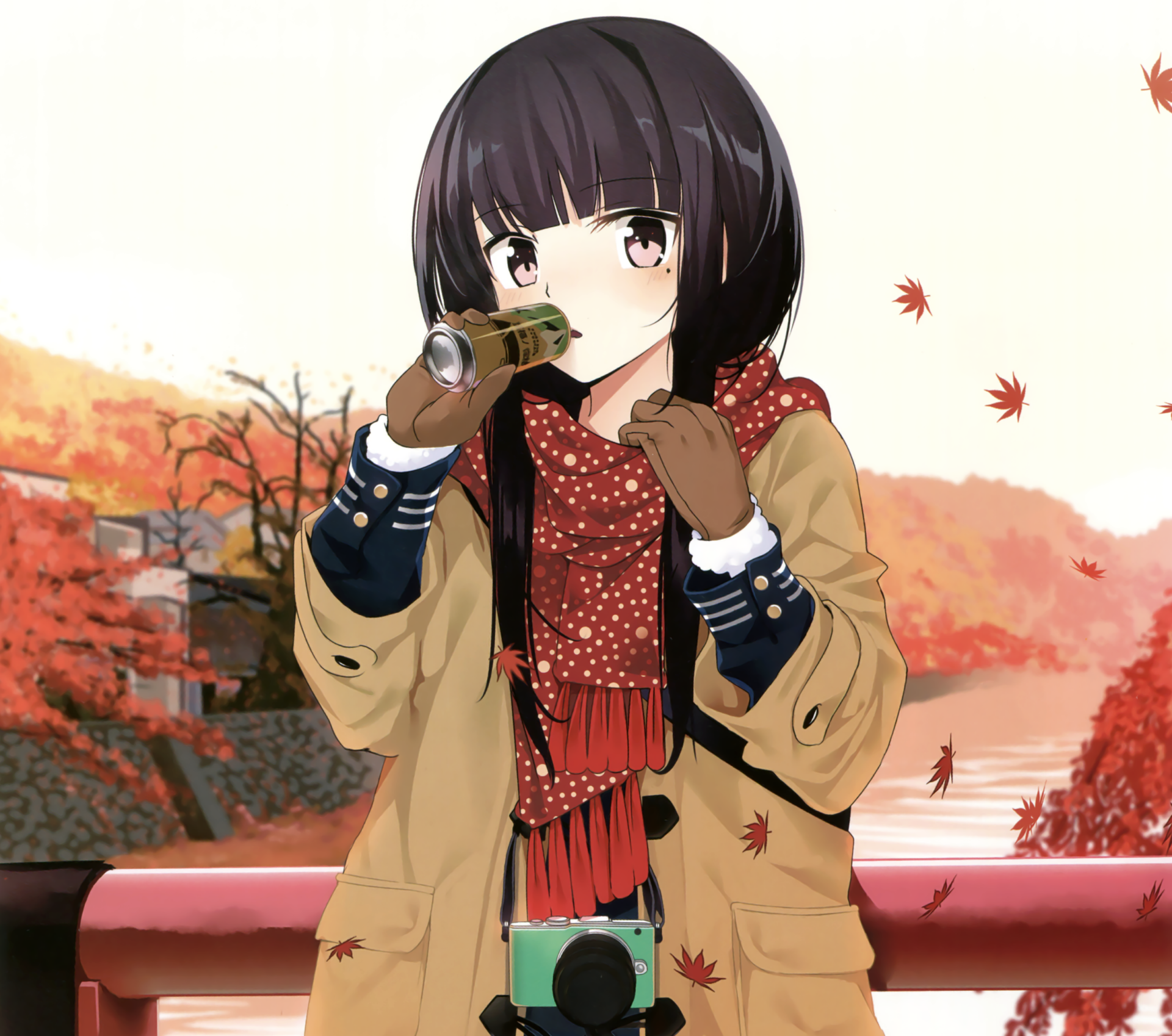 HD PC desktop anime original wallpaper of a long black-haired girl with brown eyes, red scarf and gloves sipping coffee while holding a camera against a warm autumn backdrop.