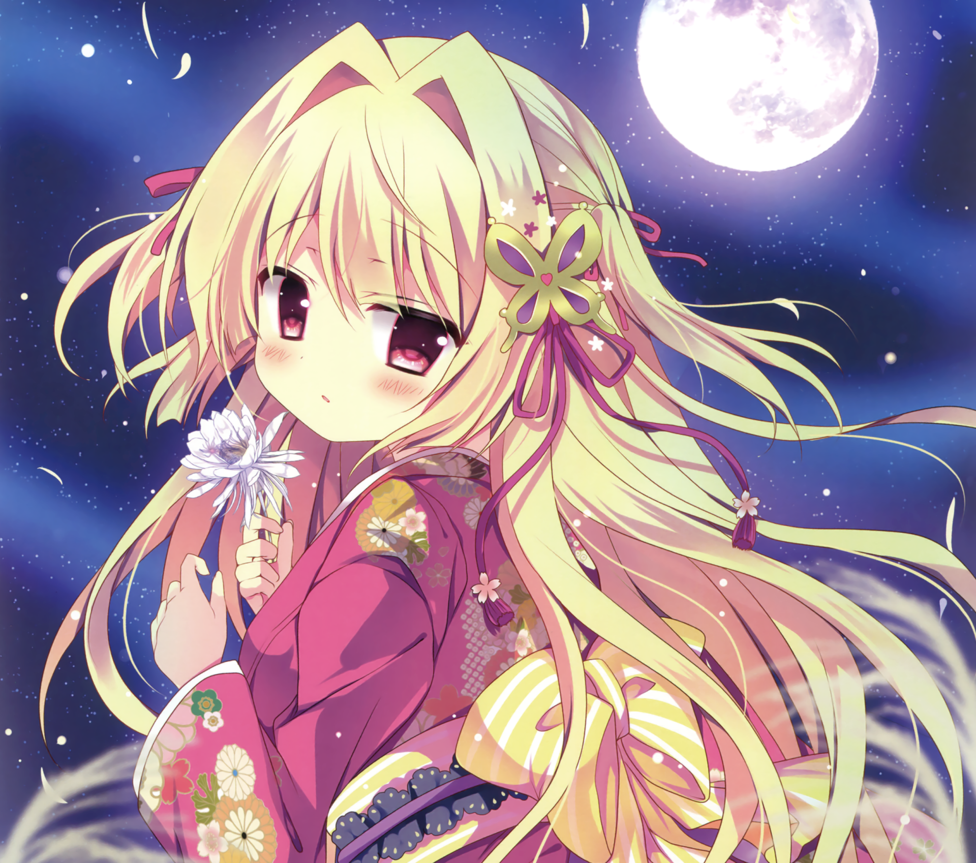 Download Blush Flower Kimono Brown Eyes Long Hair Blonde Moon Anime Original HD Wallpaper by Azumi Kazuki