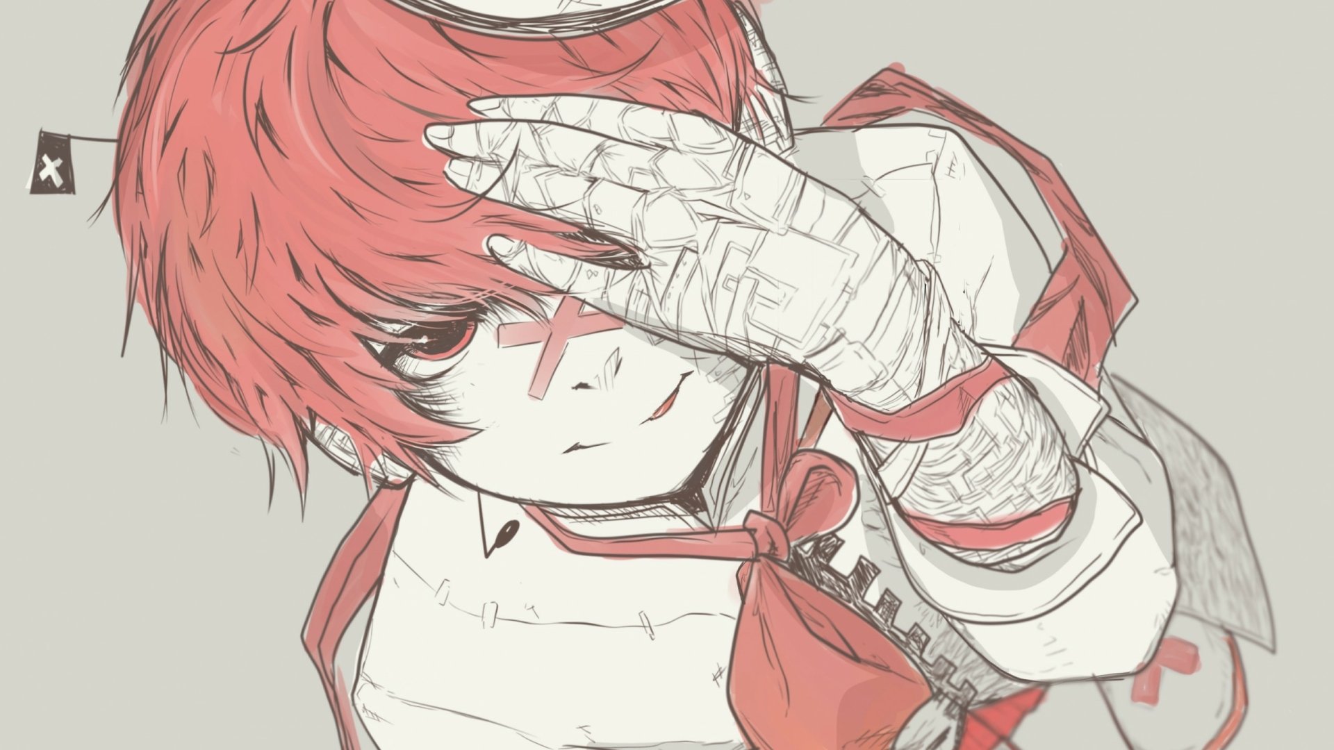 2K Quad HD PC desktop wallpaper featuring Fukase (Vocaloid) — anime-style red-haired character with a bandaged hand covering one eye, red cross mark on the cheek, sketchy red-and-white outfit.