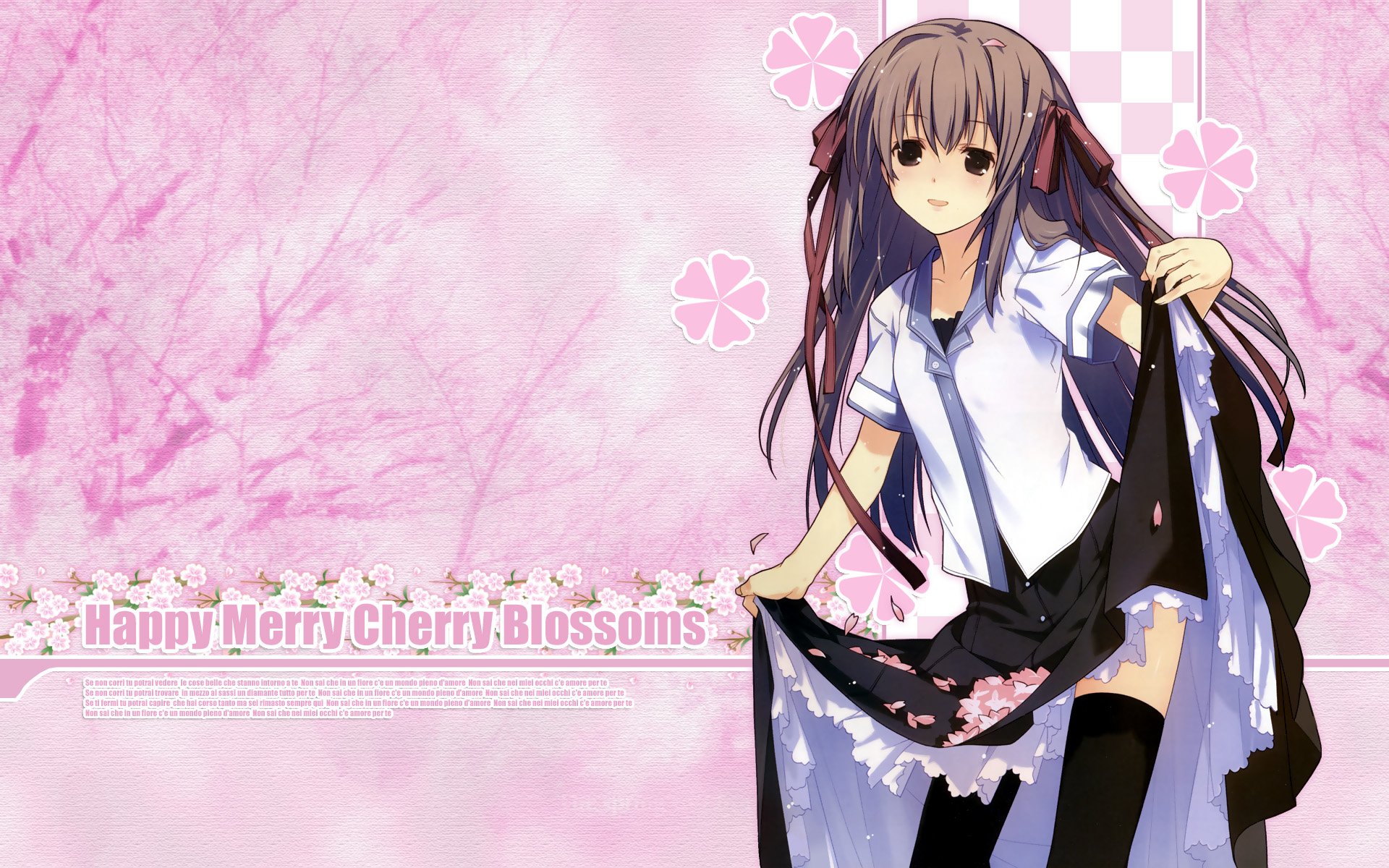 Download Smile Bow (Clothing) Brown Eyes Brown Hair Long Hair Cherry Blossom Anime Original HD Wallpaper by LLO