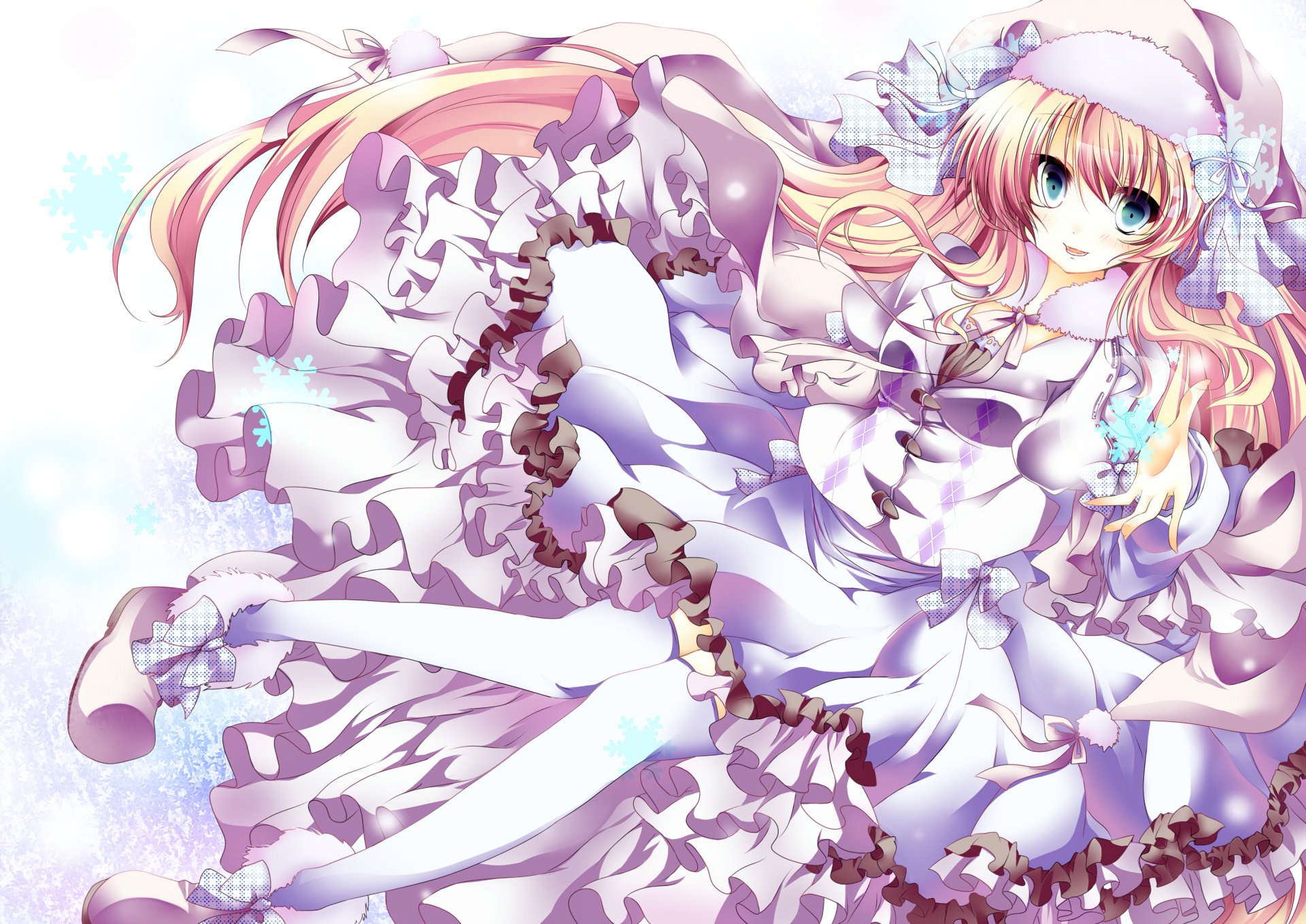 Anime-style HD desktop wallpaper featuring a smiling blonde girl with long hair, blue eyes, wearing a detailed white dress with bows and a matching hat.