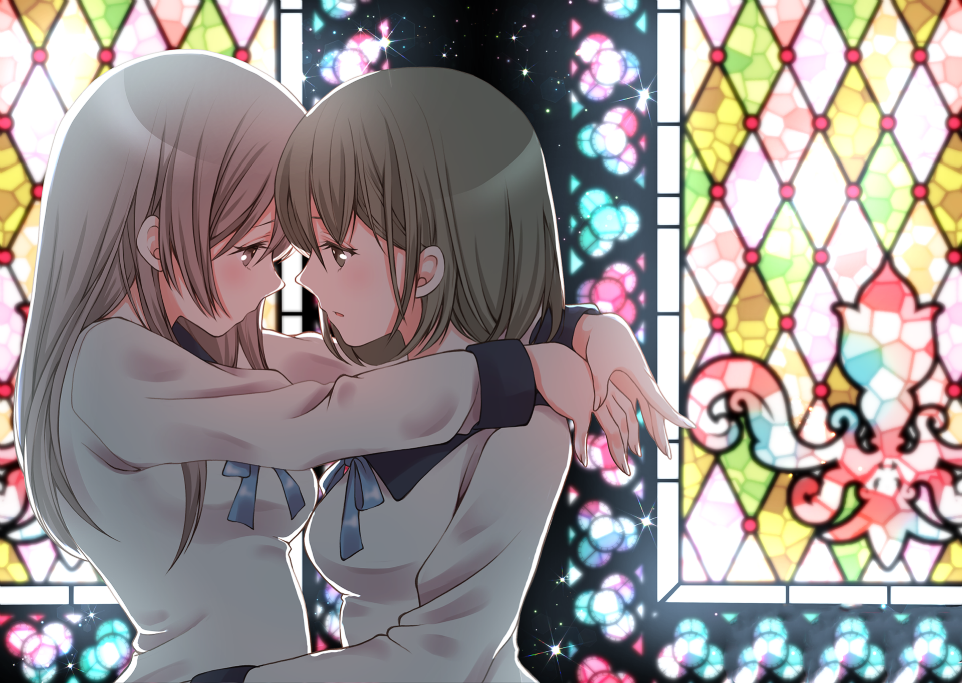 HD anime wallpaper featuring two original yuri characters sharing an intimate moment against a colorful stained glass window background.