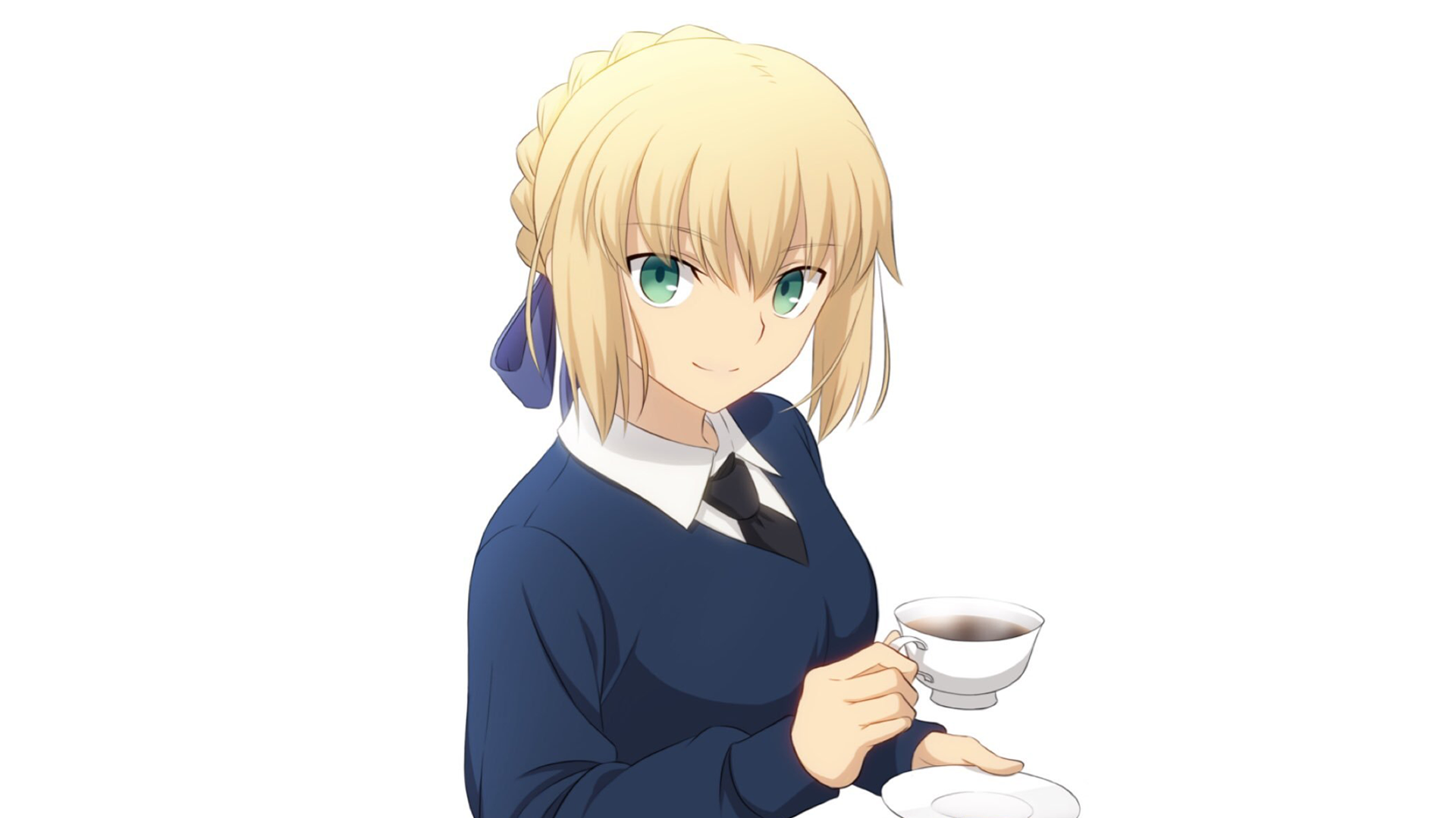Artoria Pendragon (Saber) from Fate/Stay Night: Unlimited Blade Works in a navy sweater and tie, holding a teacup with a calm expression on a white background — HD PC desktop wallpaper.