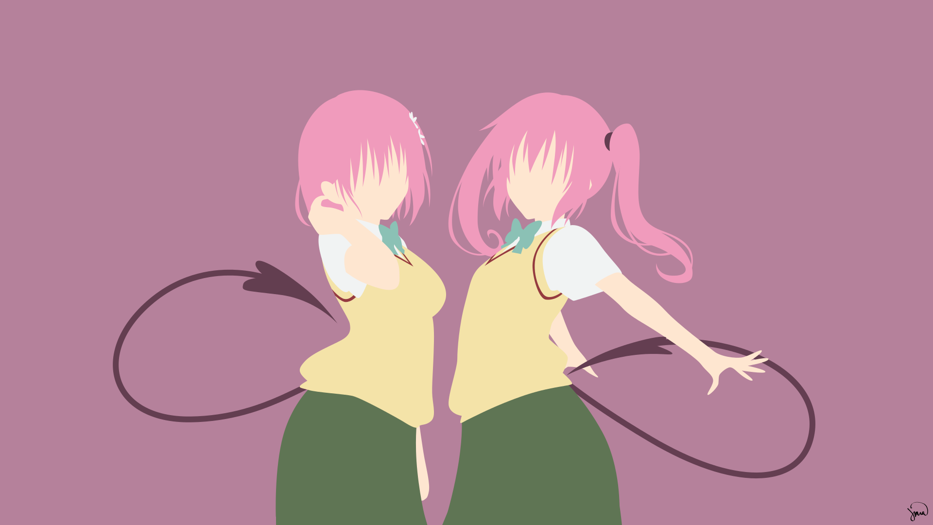 HD PC desktop wallpaper featuring minimalist anime-style silhouettes of Momo Velia Deviluke and Nana Astar Deviluke from To Love-Ru.