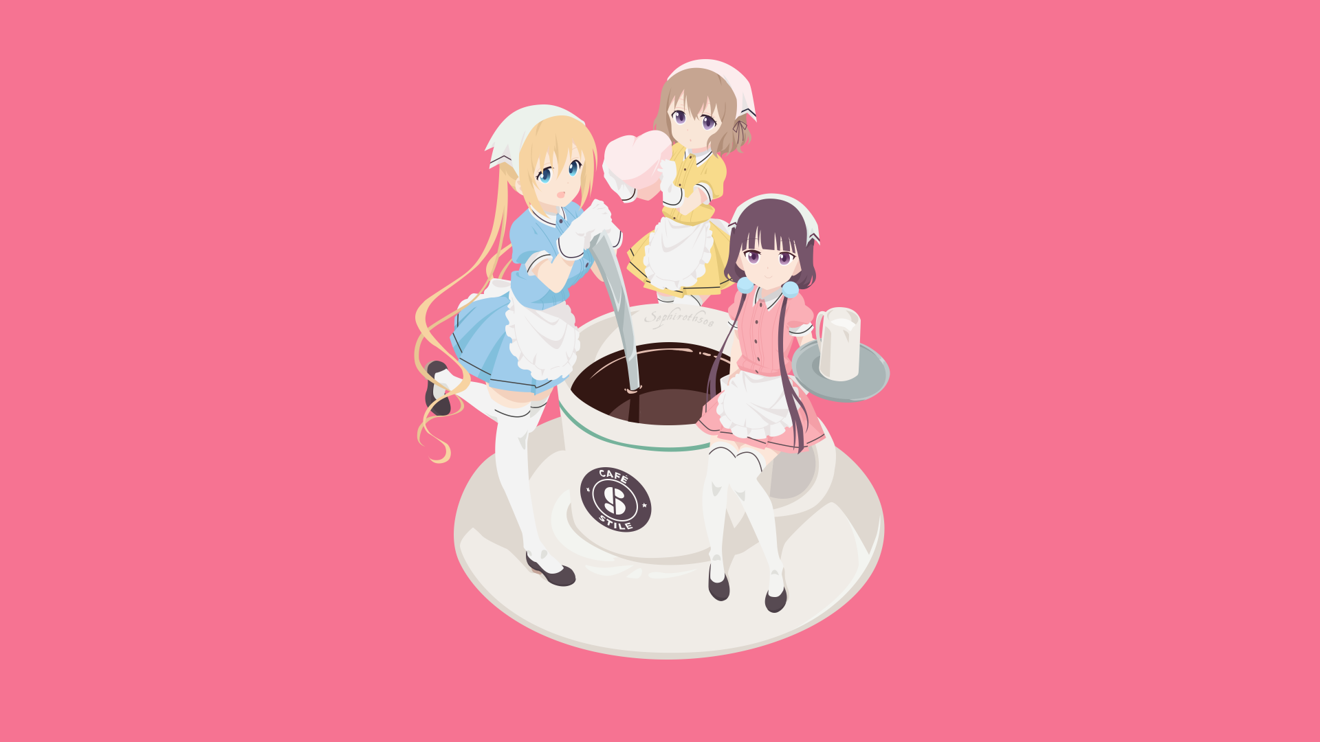 4K Ultra HD anime wallpaper featuring Maika Sakuranomiya, Mafuyu Hoshikawa, and Kaho Hinata from Blend S, seated around a large coffee cup on a pink background.