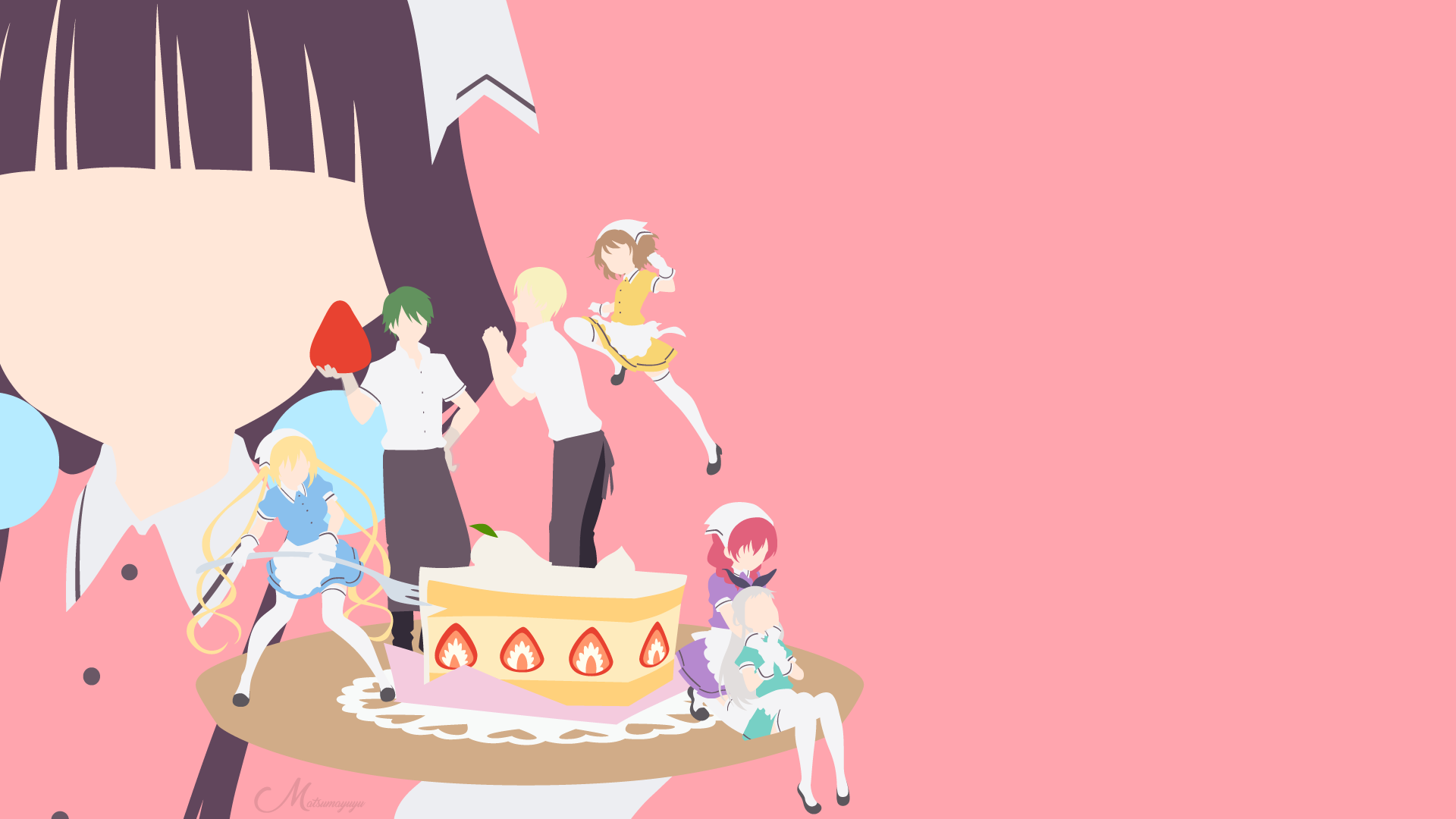 HD PC desktop wallpaper featuring minimalist anime characters from Blend S against a soft pink background with a cake centerpiece.
