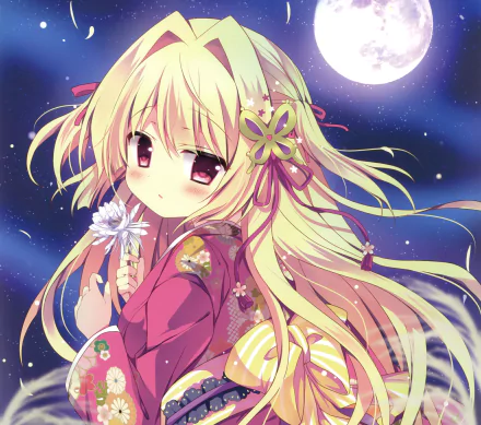 blush flower kimono brown eyes long hair blonde moon Anime Original HD Desktop Wallpaper | Background Image