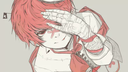 2K Quad HD PC desktop wallpaper featuring Fukase (Vocaloid) — anime-style red-haired character with a bandaged hand covering one eye, red cross mark on the cheek, sketchy red-and-white outfit.