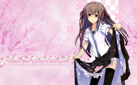 smile bow (Clothing) brown eyes brown hair long hair cherry blossom Anime Original HD Desktop Wallpaper | Background Image