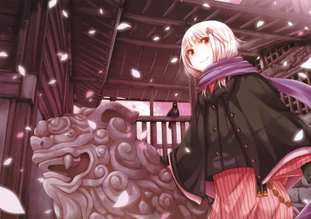 Anime 2K desktop wallpaper: short blonde-haired girl with brown eyes and a purple scarf smiles beside a carved stone guardian statue amid falling petals in a temple setting.