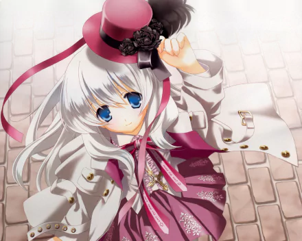 Original anime 2K Quad HD desktop wallpaper of a long white-haired girl with blue eyes, wearing a hat adorned with a flower and bow, in a pink coat, gazing up over cobblestones.