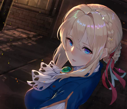 HD desktop wallpaper featuring Violet Evergarden, an anime character, with blonde hair, blue eyes, and a blush, set against a dark background.