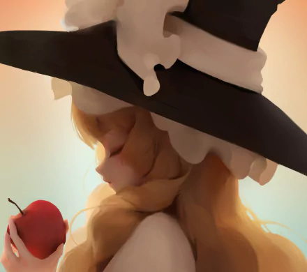 HD PC wallpaper of Marisa Kirisame (Touhou) in anime style, close-up profile with her witch hat and flowing blonde hair, softly lit as she holds a red apple.